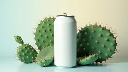 Minimalist mockup of white soda can and cactus, solid modern background, eco-friendly design concept.