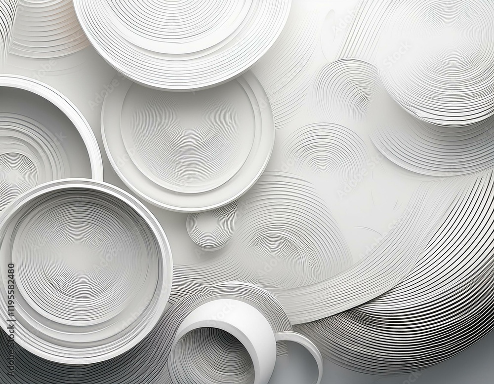 Poster elegant abstract background in white hues featuring overlapping circles and geometric line patterns