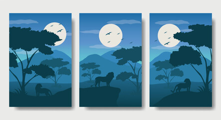Fototapeta premium The Mighty Lion - Portrait Silhouette Design Set, Beautiful 2D Landscape Silhouette Wallpaper Set