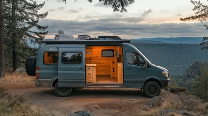 vintage van converted into a camper parked on the edge of a scenic overlook