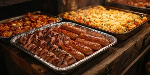 Obraz premium A gourmet breakfast buffet with a variety of dishes, ideal for promoting hospitality and luxury dining experiences.