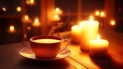 cup of tea with burning candles in cozy home