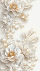 Elegant white floral arrangement with pearls, wedding invitation design