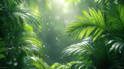Lush Green Tropical Rainforest Background with Dewdrops on Leaves and Soft Sunlight Filtering Through Dense Foliage Creating a Serene and Vibrant Natural Environment