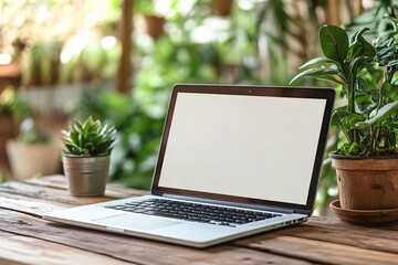 Fototapeta premium Laptop showing white screen on wooden table with plants in garden