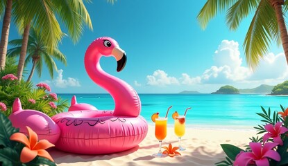 Obraz premium Pink flamingo swans in a tropical paradise near the ocean and a quiet beach