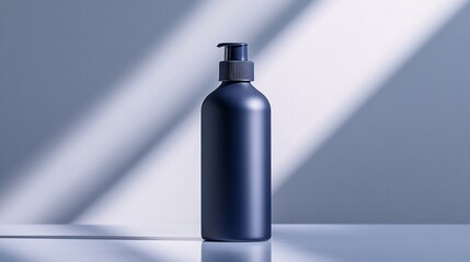 Dark Blue Pump Bottle on White Surface with Light Rays