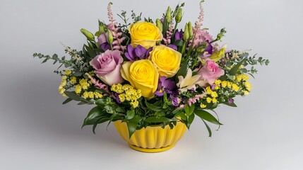 Naklejka premium Vibrant Yellow and Pink Rose Flower Arrangement in Yellow Bowl