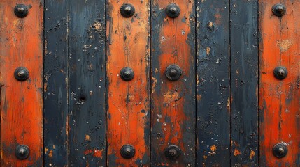 Fototapeta premium Weathered wooden planks with metal studs, showing texture and age.