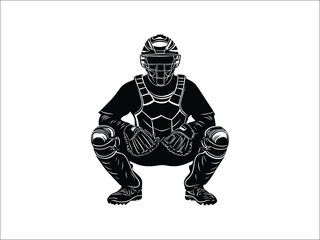 Baseball Catcher Silhouettes in Squatting Pose - Sports Clipart Design