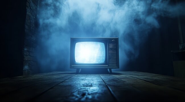 Vintage TV set on wooden table in smoky, dark room.