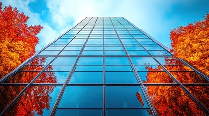 Modern glass skyscraper reflecting autumn trees.