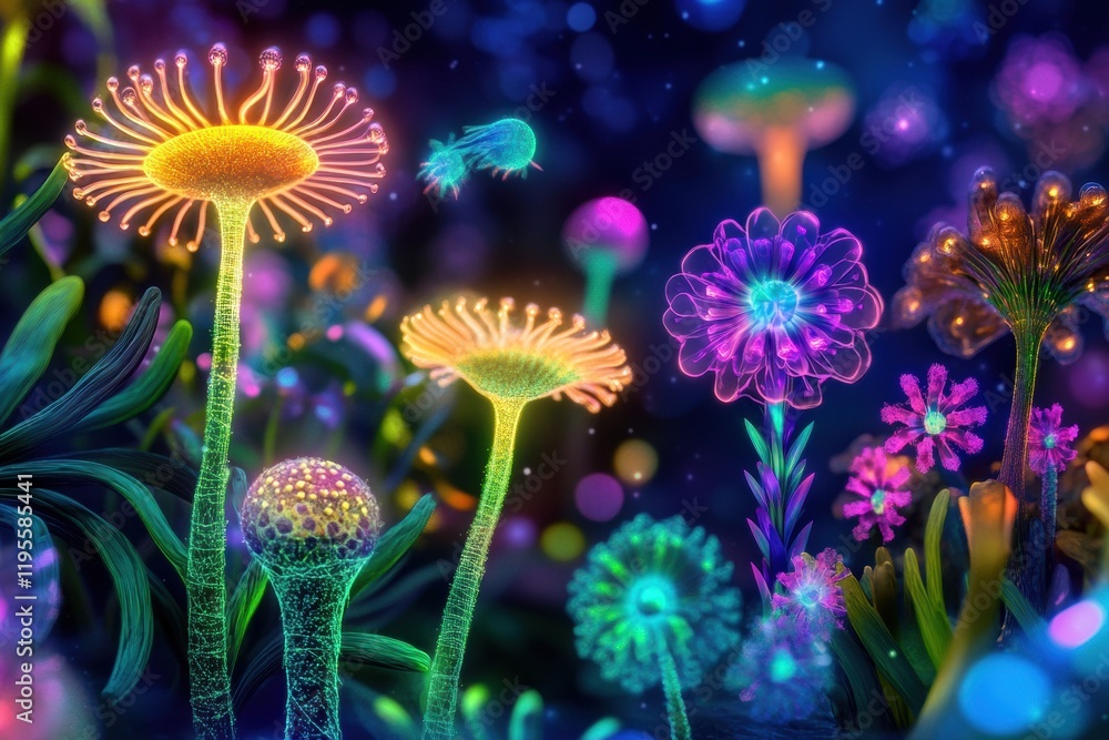 Poster exploring a magical microscopic ecosystem filled with vibrant friendly microbes and glowing flora. g