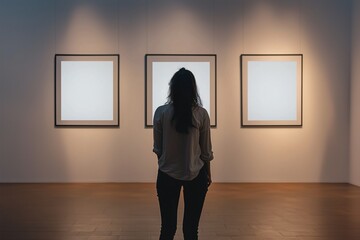 Fototapeta premium Woman in gallery looks at three blank frames, minimalist setting.