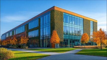 Fototapeta premium Modern green office building in autumn.