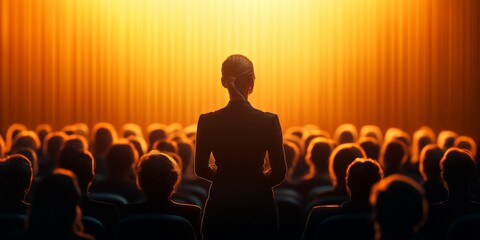 A professional speaker presenting at a business conference, inspiring leadership and professional development. Ideal for corporate materials, training programs, and motivational content.