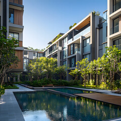Modern apartment complex with a tranquil courtyard pool and lush landscaping.  Ideal for a relaxing lifestyle.
