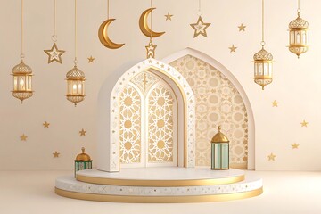 Islamic architecture, ornate white arch, golden crescent moon