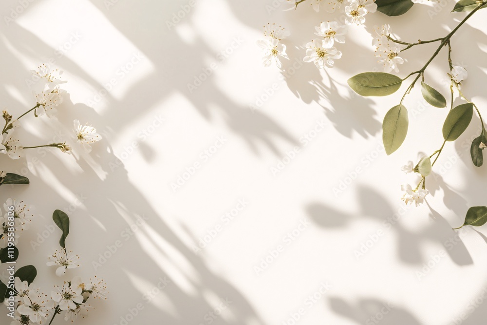 Aufkleber Blooming cherry tree branches creating shadows on white background