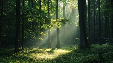 Obraz premium Morning sunlight shining through trees in green forest