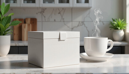 Sleek tea box and steaming cup on marble countertop, modern elegance