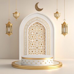 Islamic architecture, ornate white arch, golden crescent moon