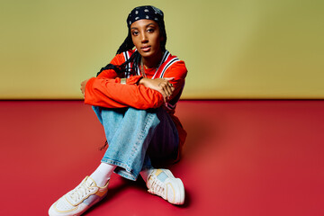 A young woman sits on the floor, showcasing her bright outfit and playful style.