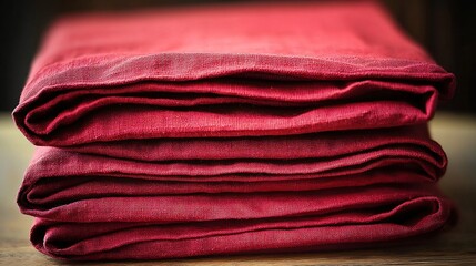Closeup Stack of Red Fabric, Folded Linen Texture
