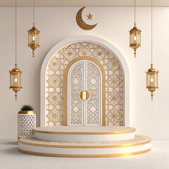 Islamic architecture, ornate white arch, golden crescent moon