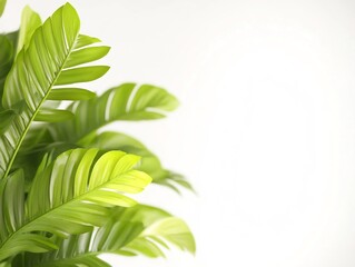 Fototapeta premium Lush green leaves gently curve against bright white background creating serene peaceful ambiance. AI Generated