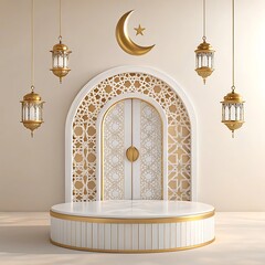 Islamic architecture, ornate white arch, golden crescent moon