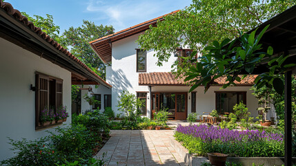 Fototapeta premium Beautiful sunny courtyard view of a modern house surrounded by lush greenery and colorful flowers in an inviting garden setting