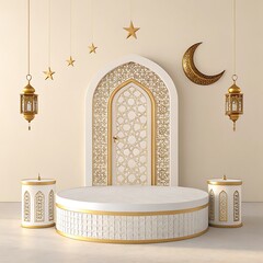 Islamic architecture, ornate white arch, golden crescent moon
