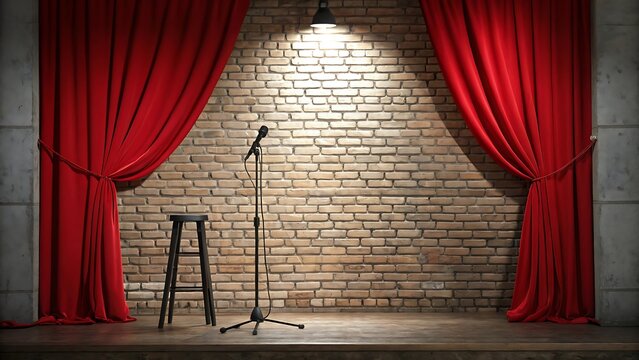 A comedy stage with a brick wall backdrop, red curtains and a microphone stand in the center - Powered by Adobe