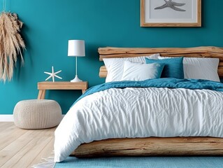 A bedroom with blue walls and a wooden bed