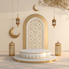 Islamic architecture, ornate white arch, golden crescent moon