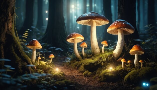 Enchanted Forest Scene with Glowing Mushrooms, generative ai