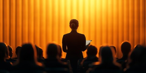 A professional speaker presenting at a business conference, inspiring leadership and professional development. Ideal for corporate materials, training programs, and motivational content.