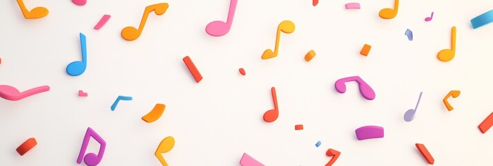 Colorful music notes are floating on a white background, creating a vibrant and dynamic visual representation of a joyful melody, symbolizing creativity, rhythm, and the universal language of music