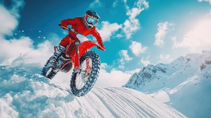 Motocross rider in red suit, riding on snowy mountain.