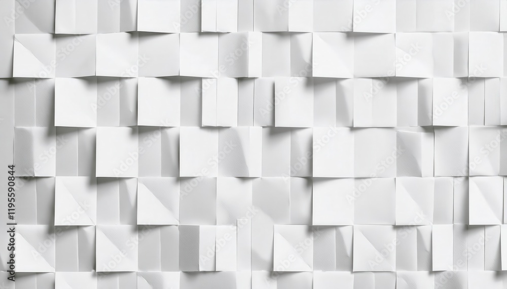 Poster minimalistic geometric arrangement of folded white paper squares with shadows and textures for design, art, or creative backgrounds