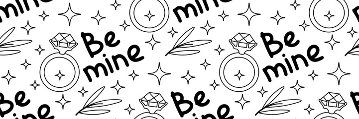 Fototapeta premium Be mine doodle pattern. Festive Background with diamond ring and hand lettering. Romantic marriage proposal. Valentines day background. For wallpaper. Vector outline illustration.