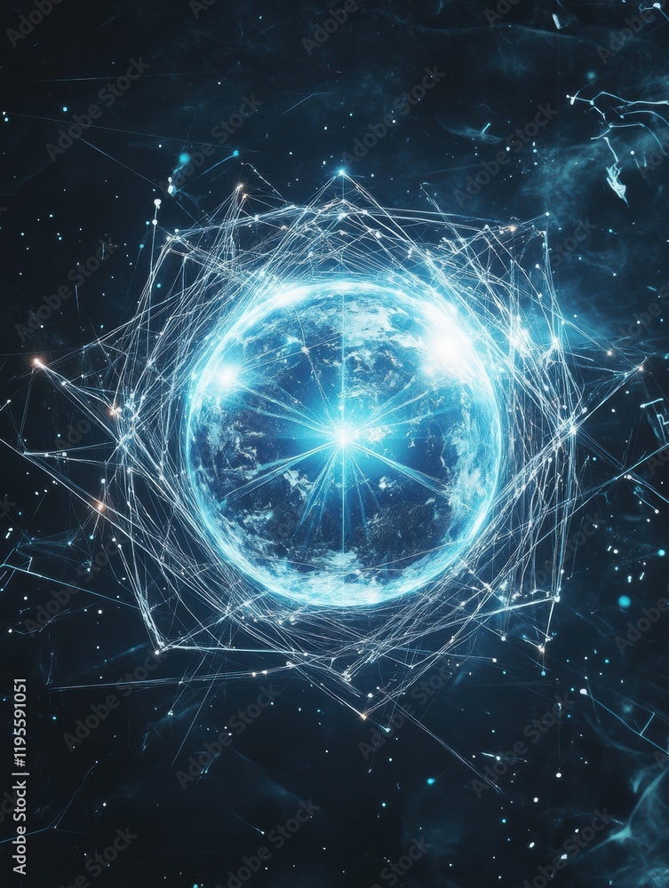 Poster Glowing digital globe illuminated by flowing lines and points showcasing a futuristic representation of connectivity and technology. Generative AI