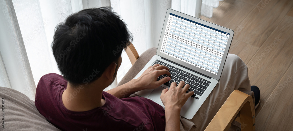 Poster accounting software on computer screen showing financial statement spreadsheets and account balance 