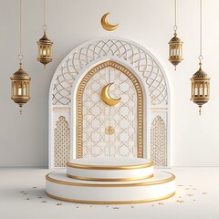 Islamic architecture, ornate white arch, golden crescent moon