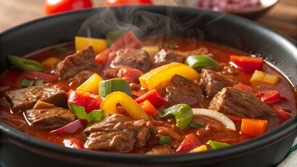 Savoring tender beef goulash with vibrant vegetables in a hearty broth on a cozy dinner table