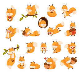 Funny Squirrel Animal Character with Bushy Tail Vector Set