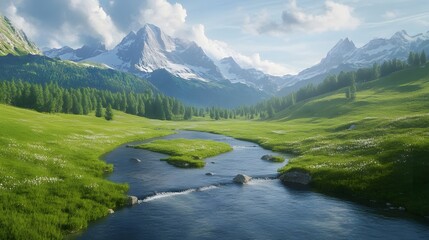 Fototapeta premium landscape with lake, mountains and blue sky