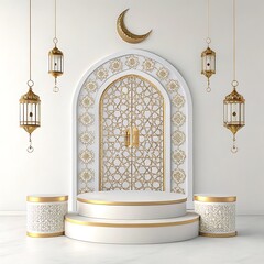 Islamic architecture, ornate white arch, golden crescent moon