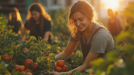 Volunteers tending to a community orchard, picking fresh fruits. Bright lighting, contrast
